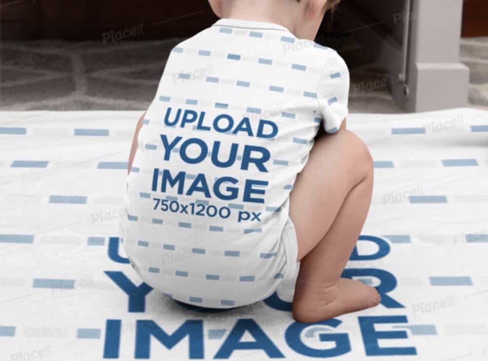 toddler wearing an onesie sitting on a blanket mockup