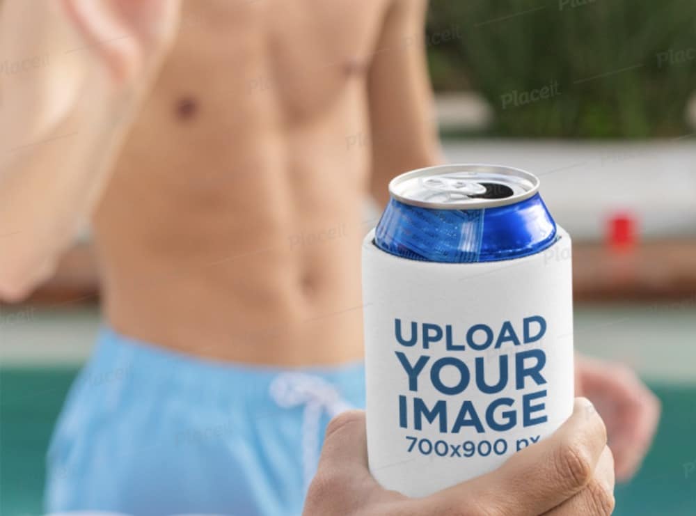 koozie mockup featuring a man playing beer pong