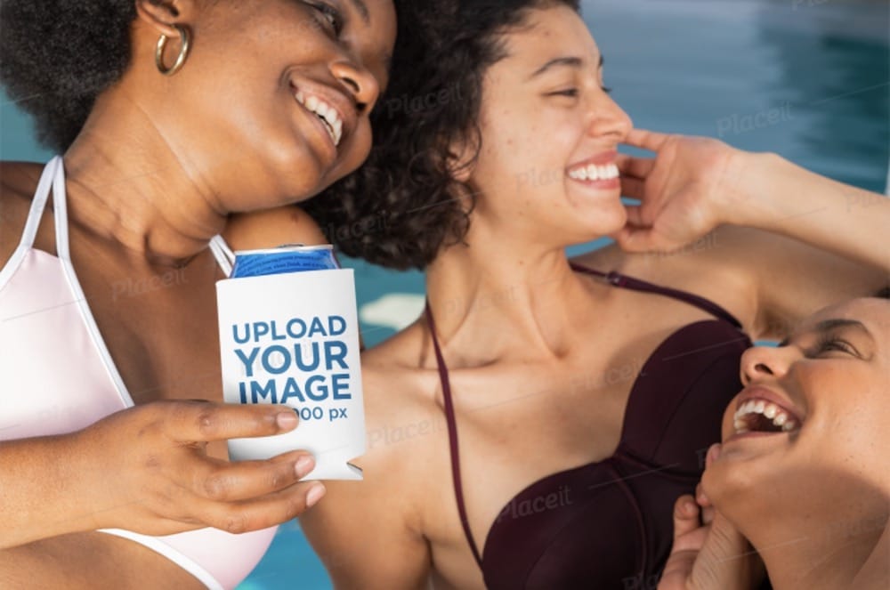 koozie mockup featuring three young women