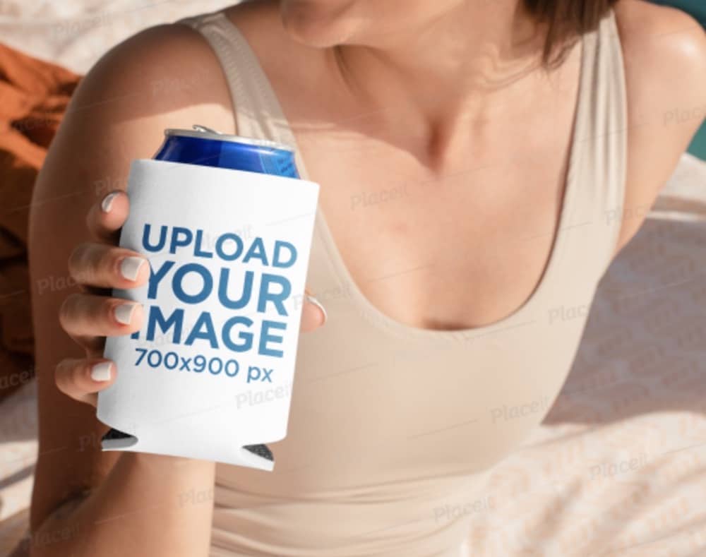 koozie mockup of a woman at a party