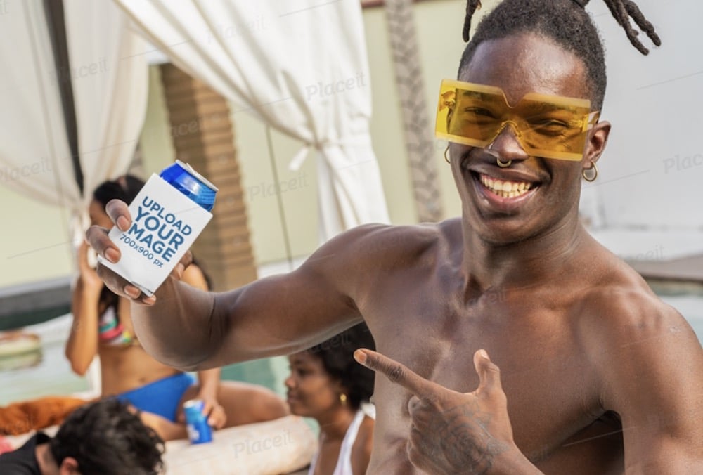 mockup of a man pointing at a koozie by a pool