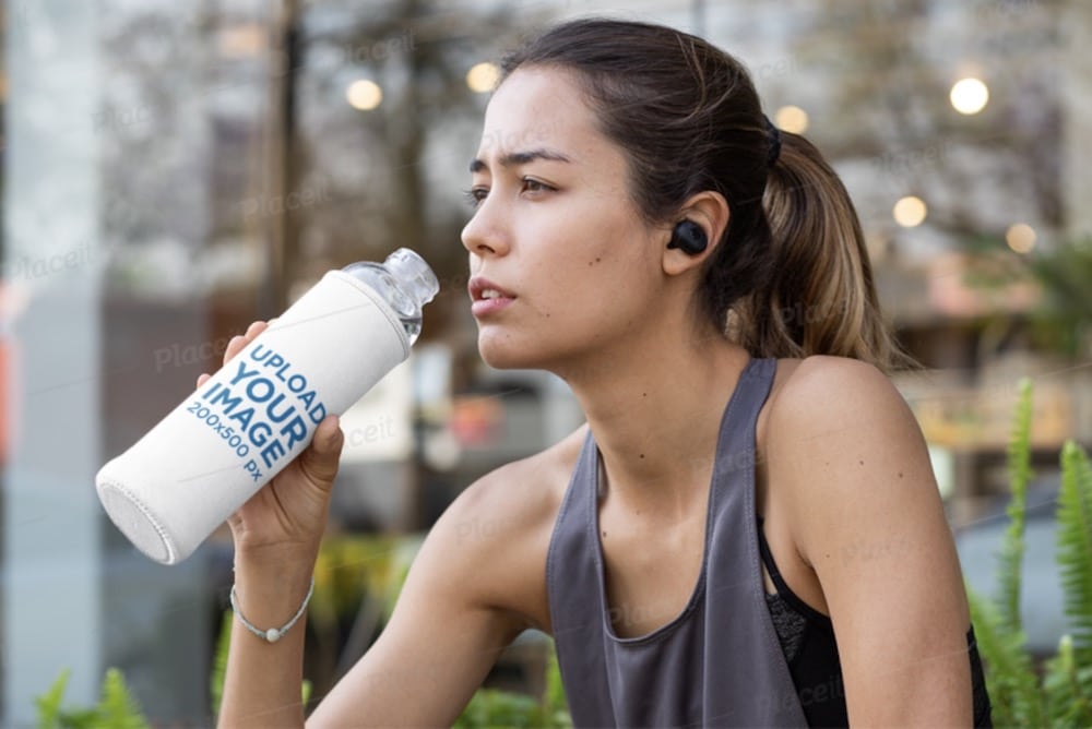 mockup of a woman drinking from a bottle in a koozie