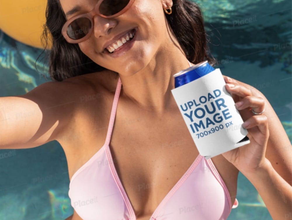 mockup of a woman holding a can in a koozie