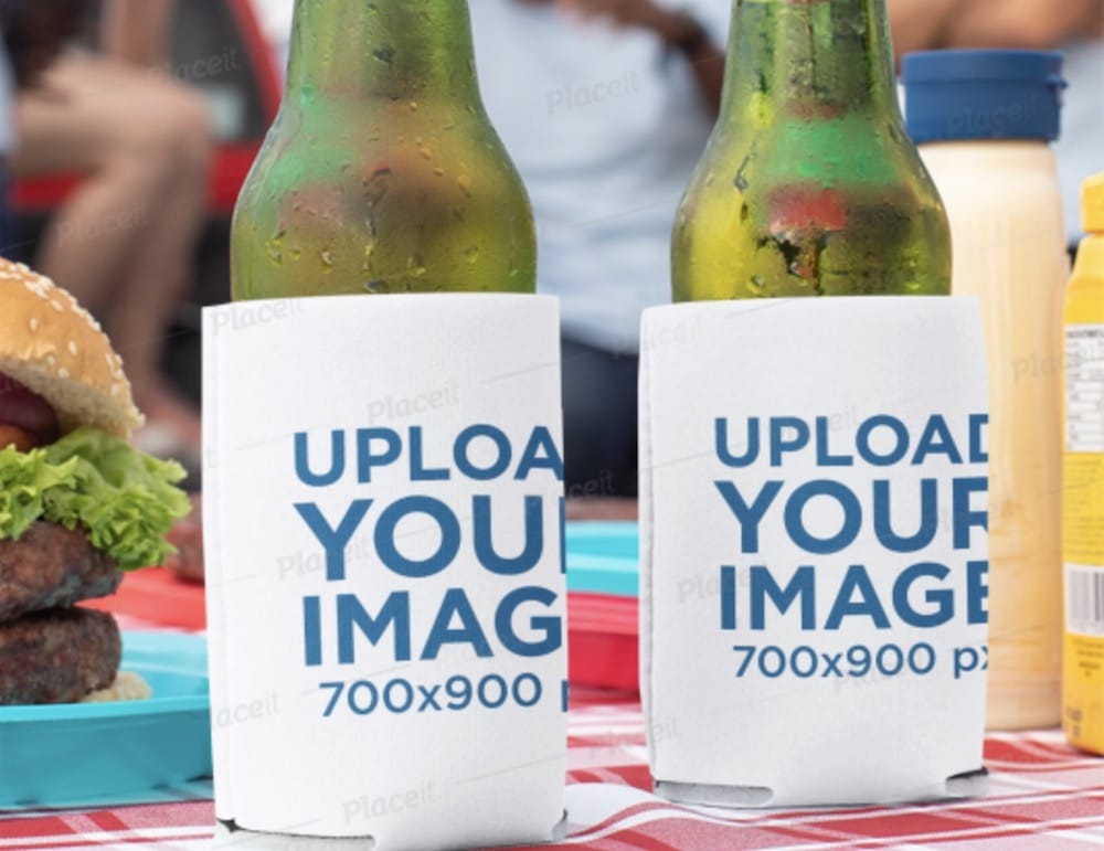 mockup of two cold beers in koozies