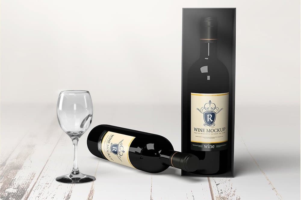 wine bottle with box mockup