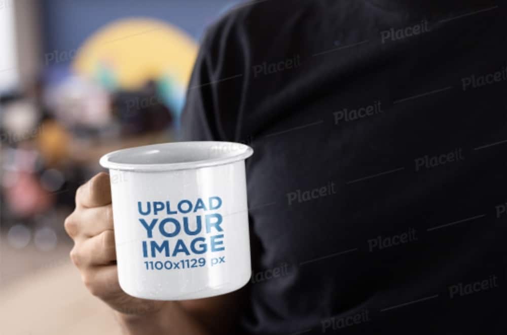 bearded man holding enamel mug mockup