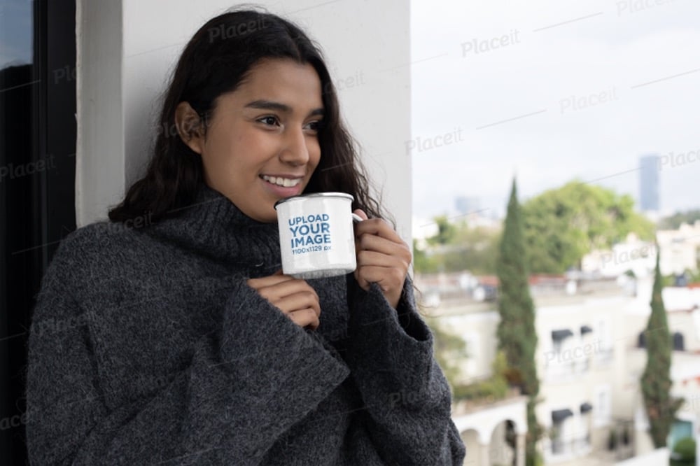 mockup of a woman drinking coffee from an enamel mug