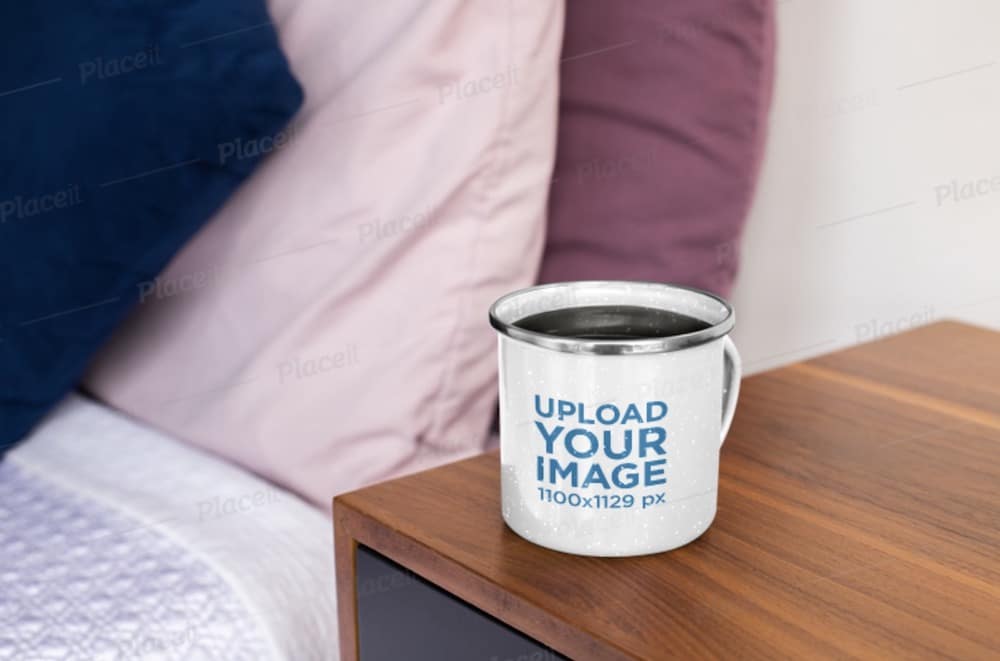 mockup of an enamel mug on a nightstand