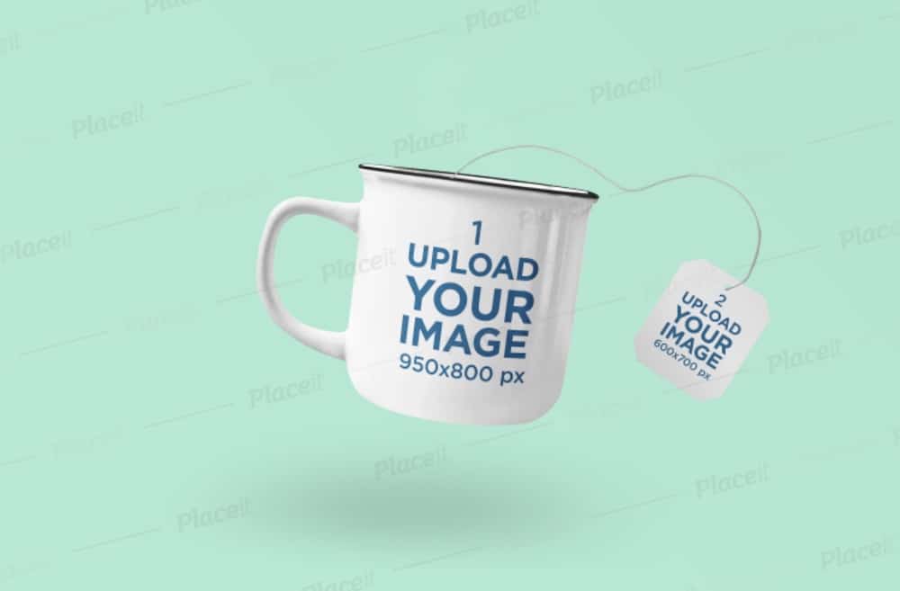 mockup of an enamel mug with a tea bag label