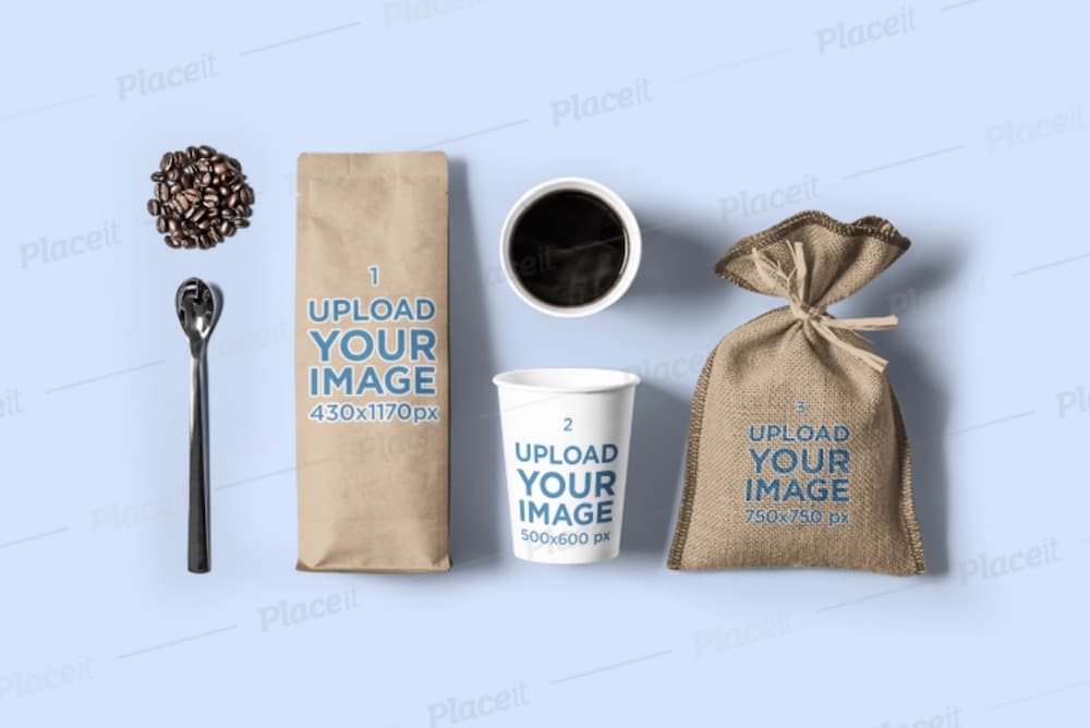 coffee bag paper cup burlap bag mockup