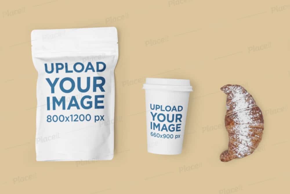 mockup of a coffee cup and a zip bag