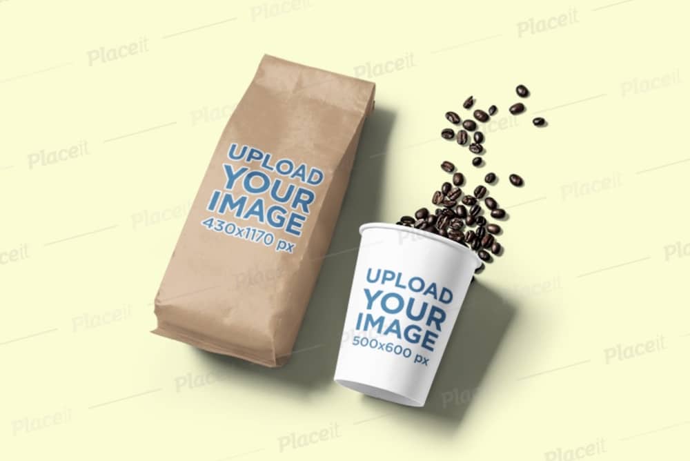 mockup of a coffee cup beans and bag