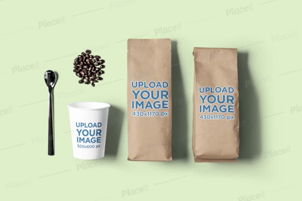 mockup of two coffee bags and a cup