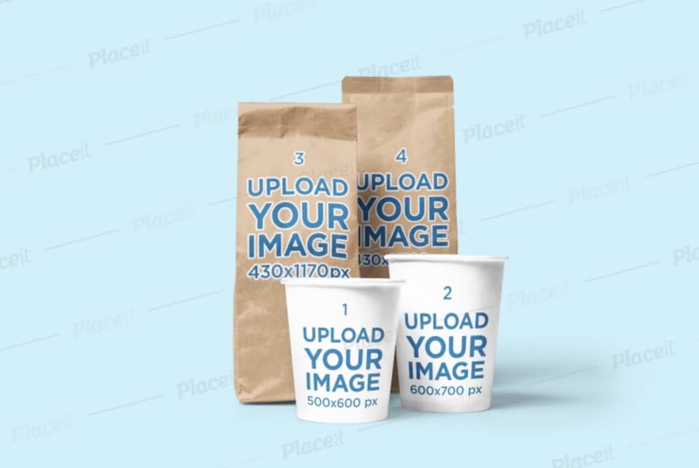 mockup of two coffee bags and two coffee cups