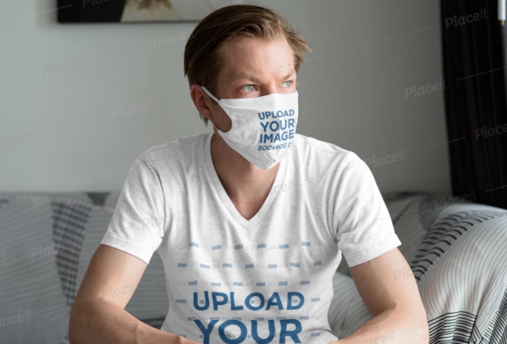 free face mask t-shirt mockup of a man relaxing