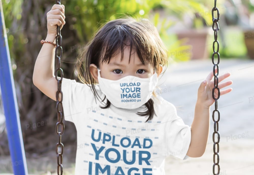 mockup of a kid with editable mask and t-shirt