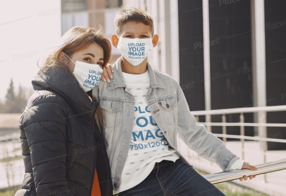 mom and son face mask mockup