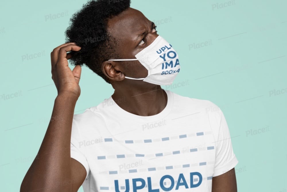 studio mockup of a man with editable tee and mask