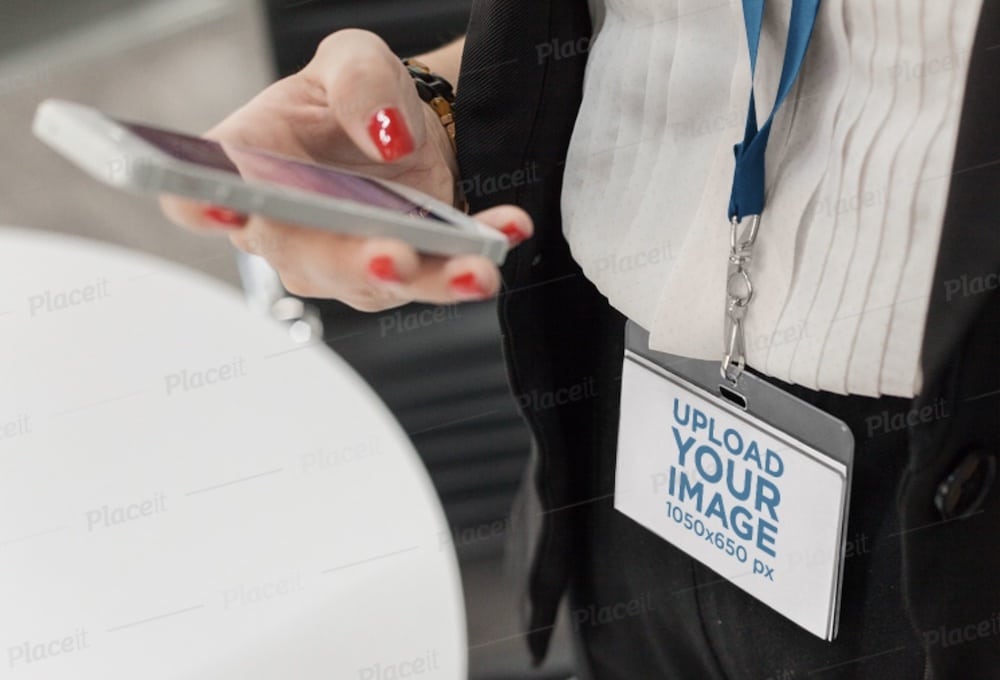 woman carrying a name badge mockup