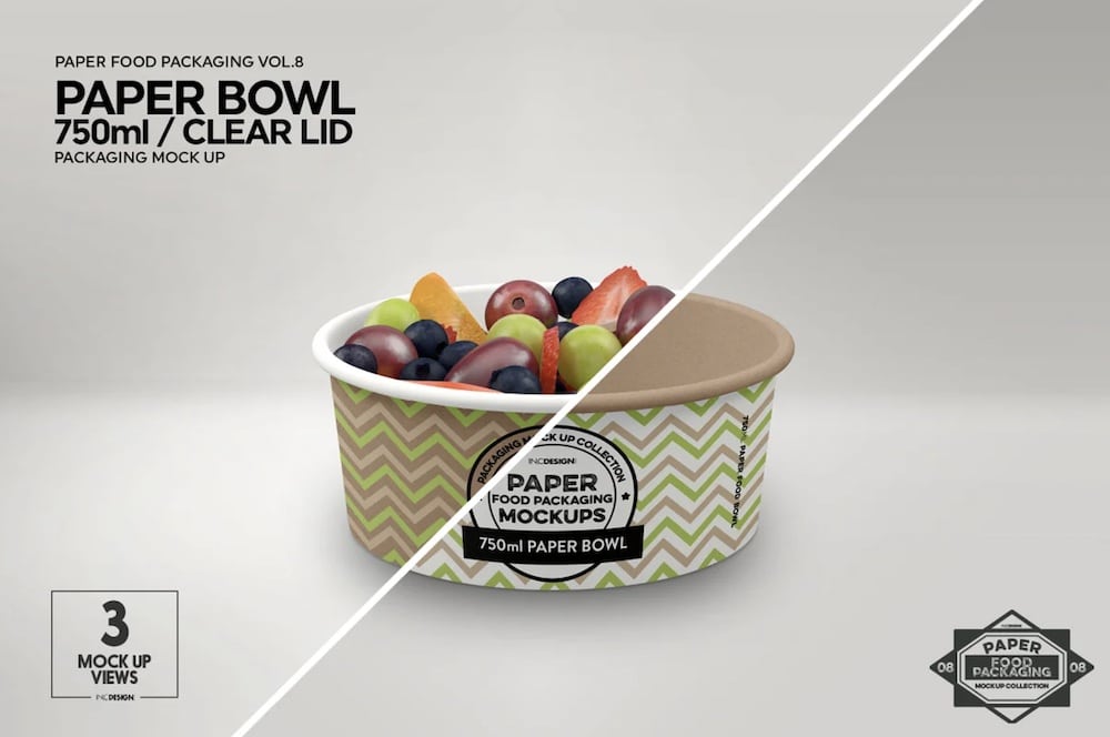 750ml paper bowl clear lid mockup