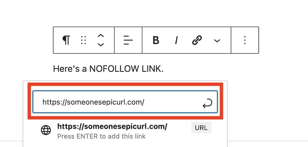 add a nofollow url in gutenberg