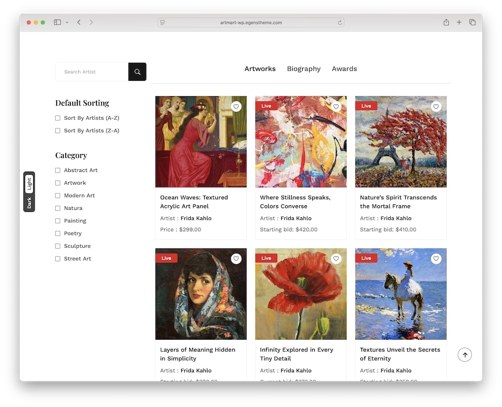 artmart wordpress theme artist gallery showcase