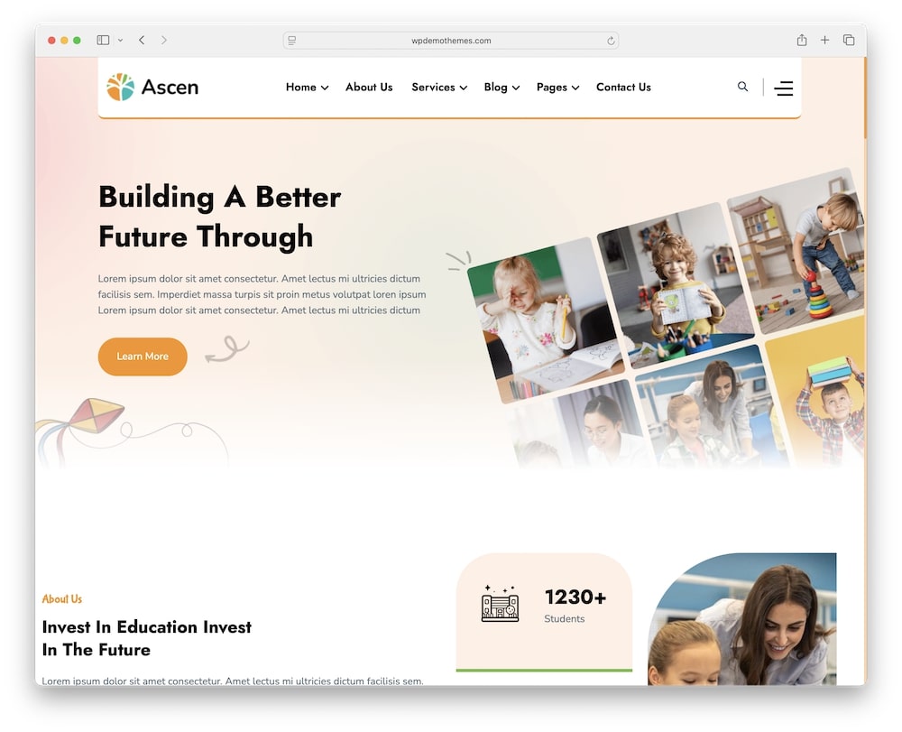 ascen wordpress theme for child care and kids websites