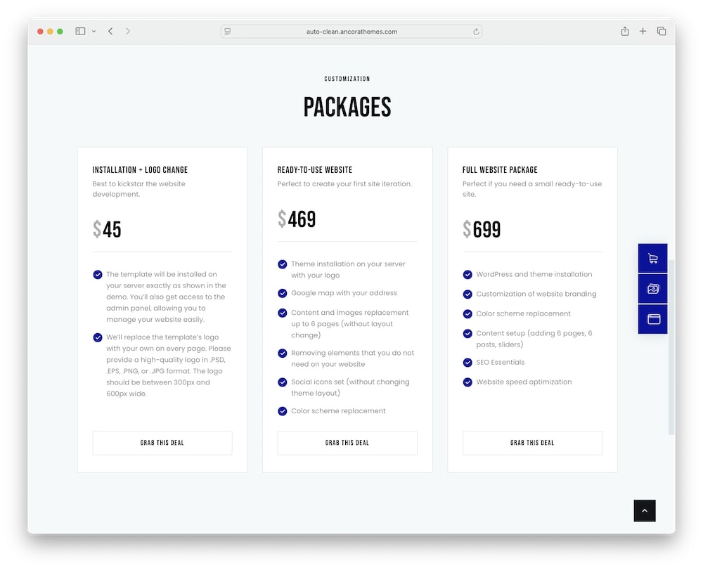auto clean wordpress theme pricing tables