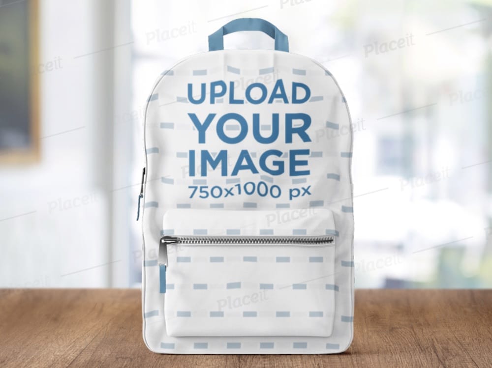 backpack on a wooden table mockup