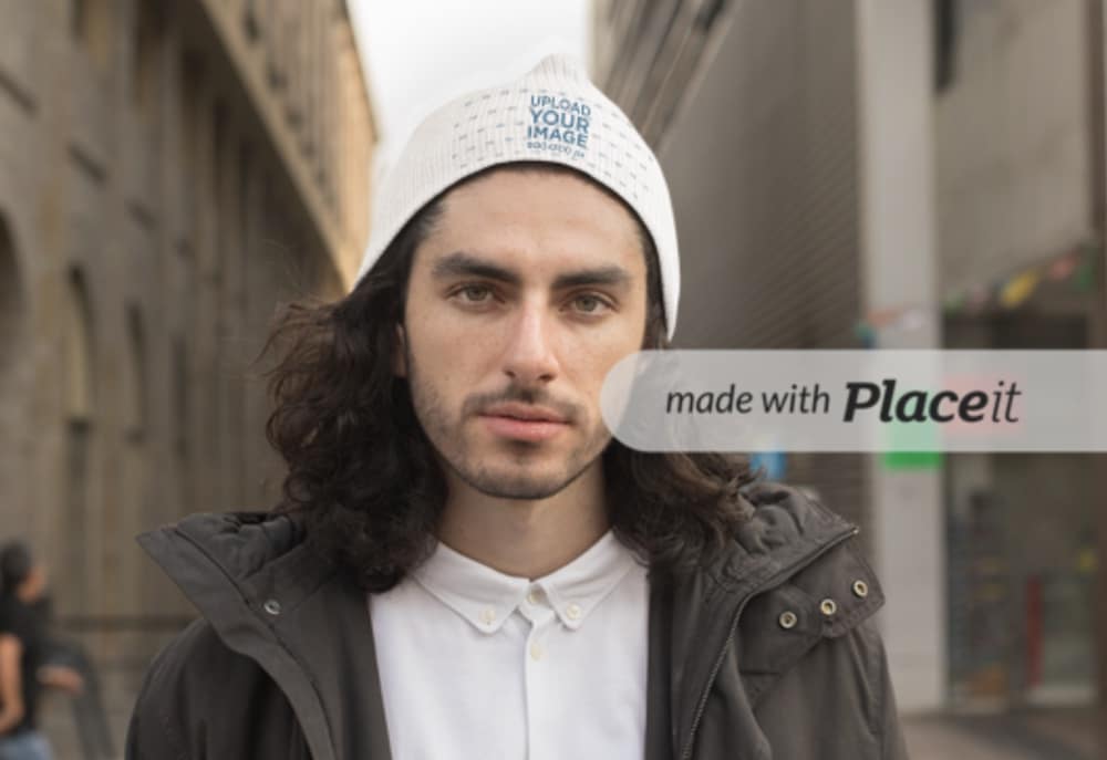 beanie mockup of a male model in the city