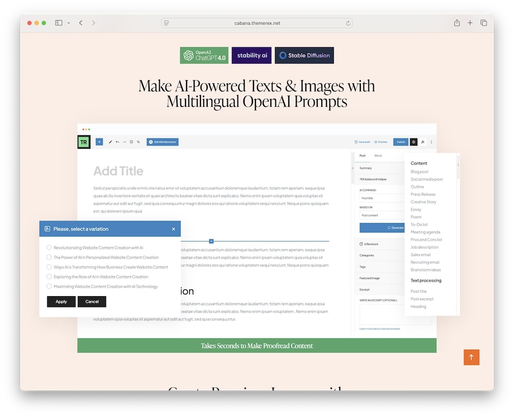 cabana wordpress theme ai content and image generation