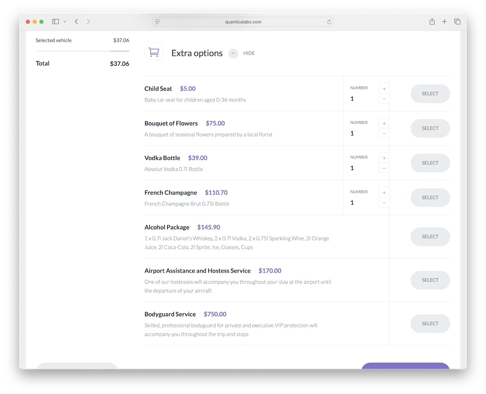 chauffeur booking system booking extras and upsells