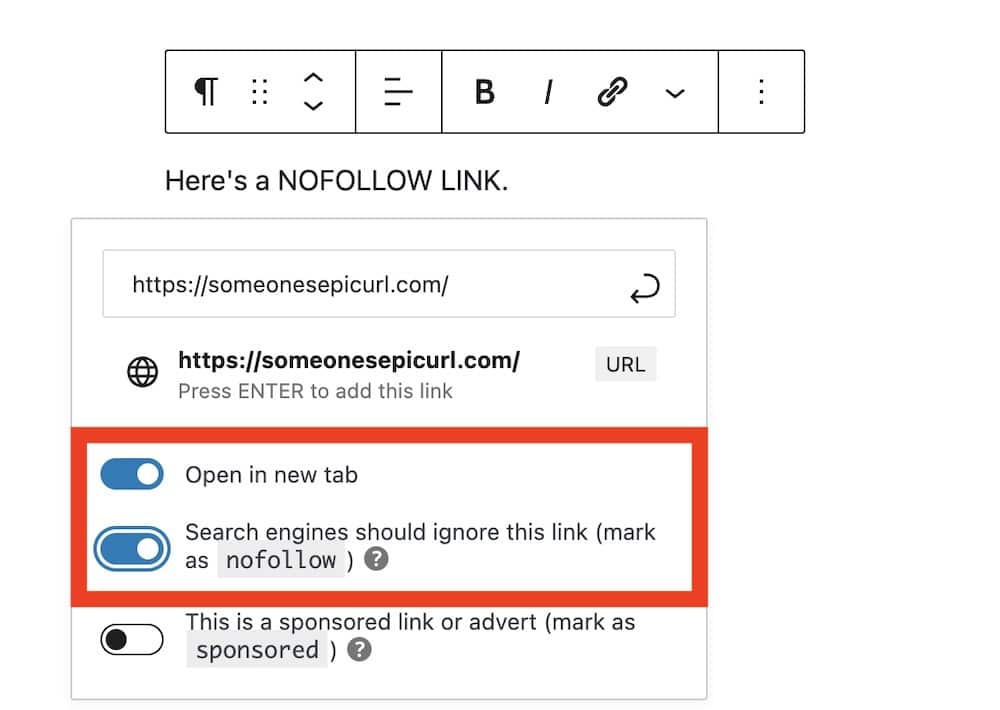 choose nofollow tag for links in gutenberg