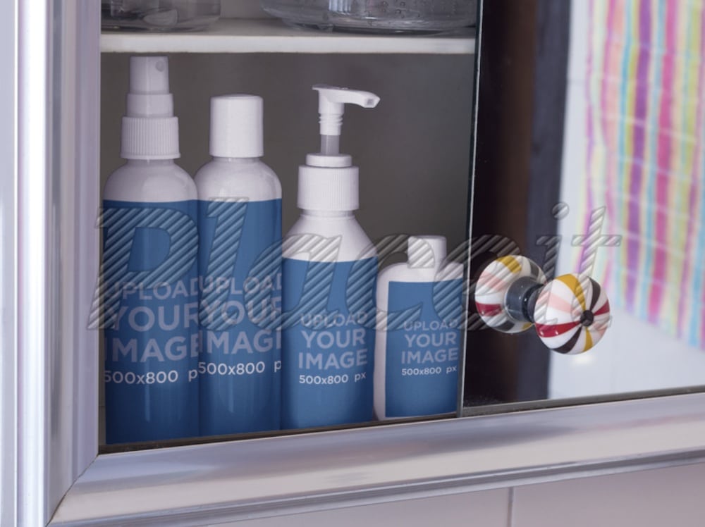 cosmetic bottles in bathroom mockup