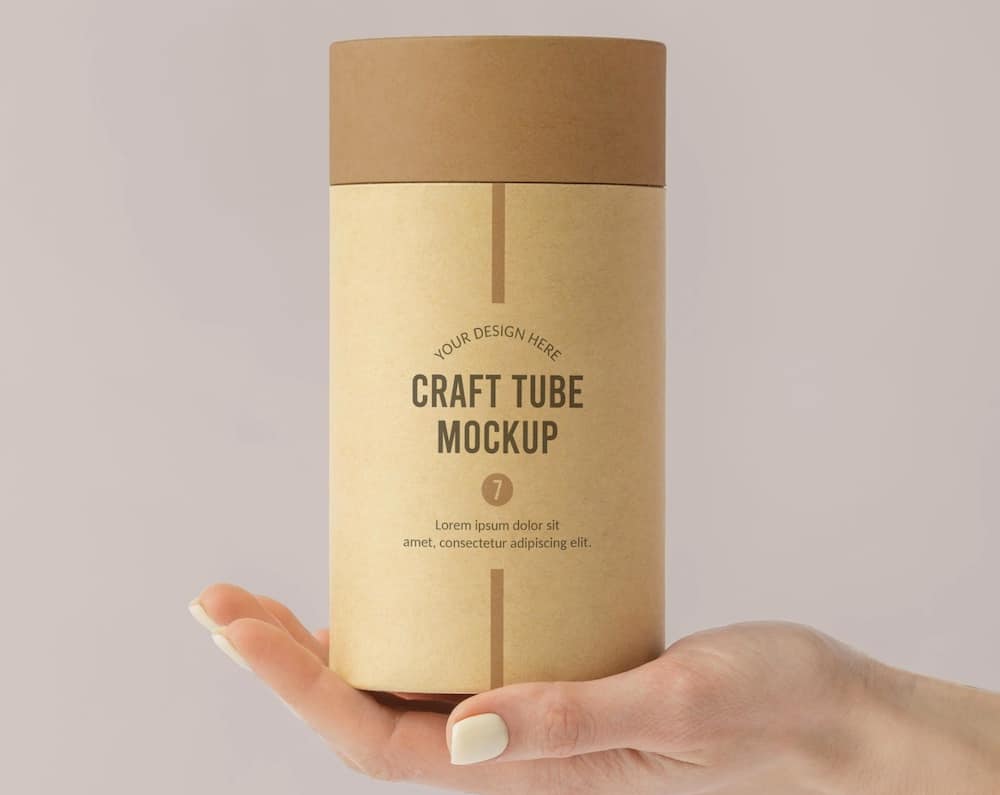 cylinder packaging in hand mockup