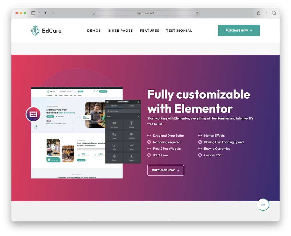 edcare wordpress theme built with elementor