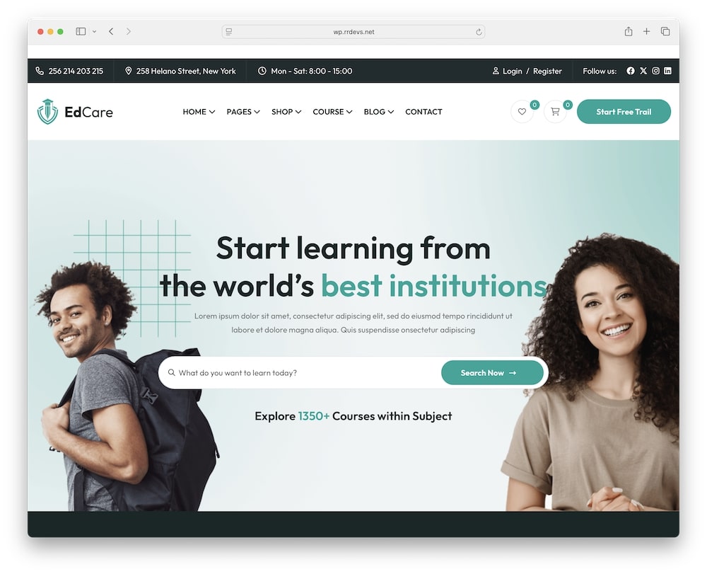 edcare wordpress theme for education and online courses