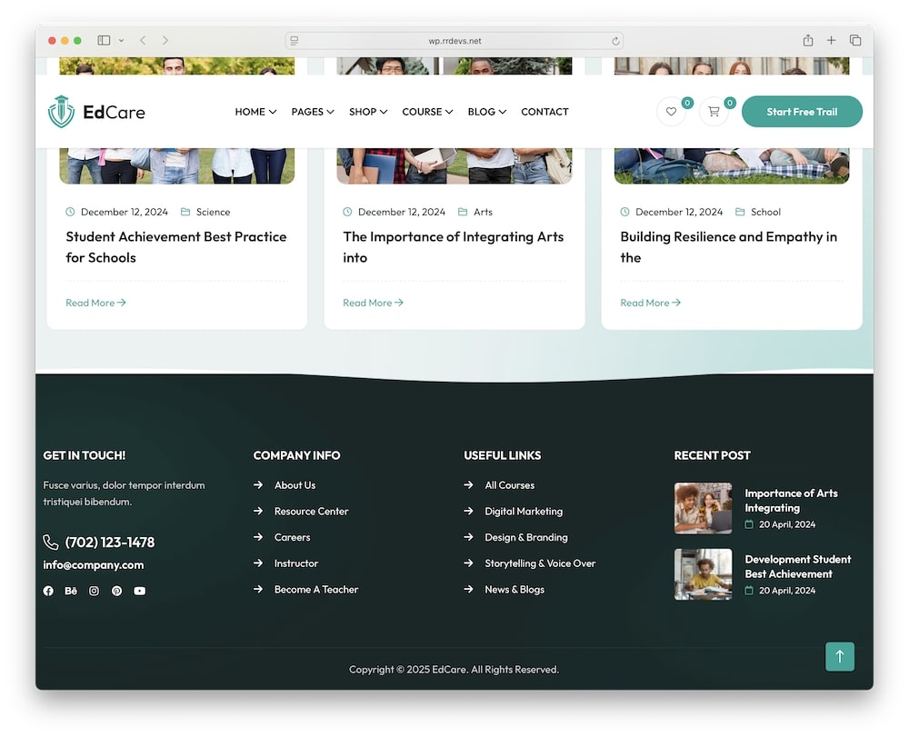 edcare wordpress theme header and footer layouts