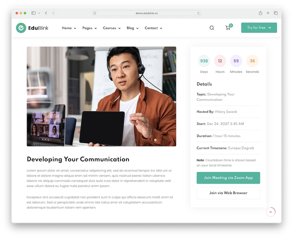 edublink wordpress theme zoom integration live classes