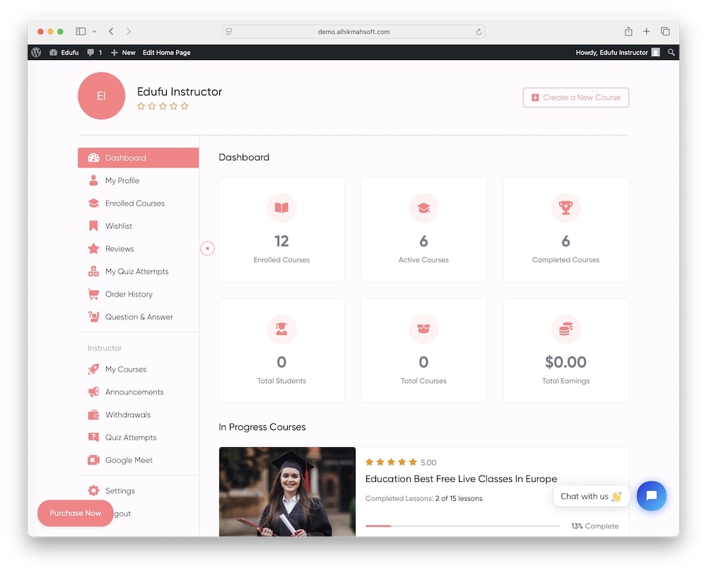 edufu wordpress theme instructor dashboard