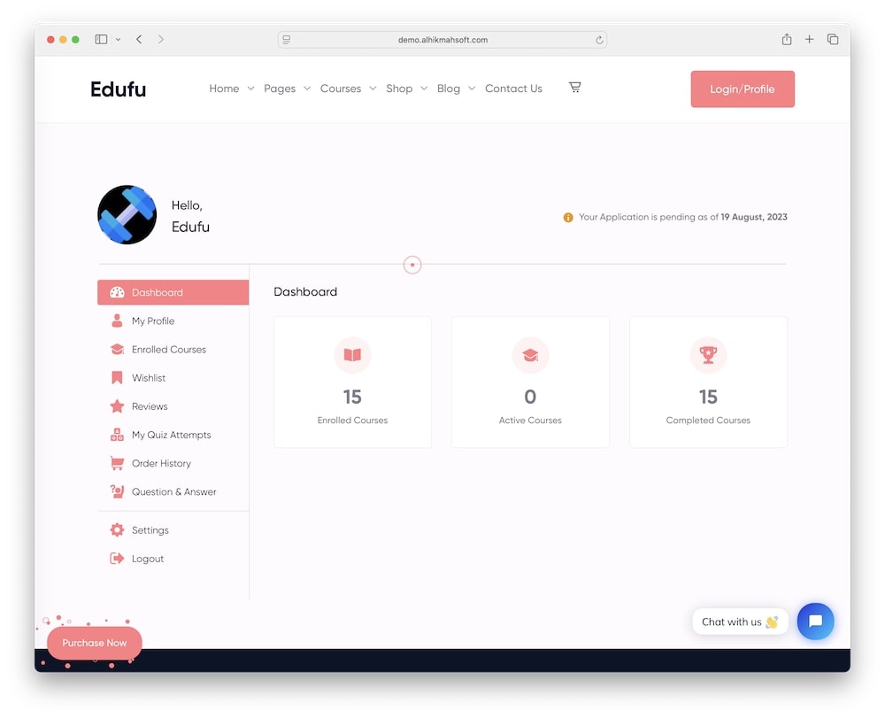 edufu wordpress theme student dashboard