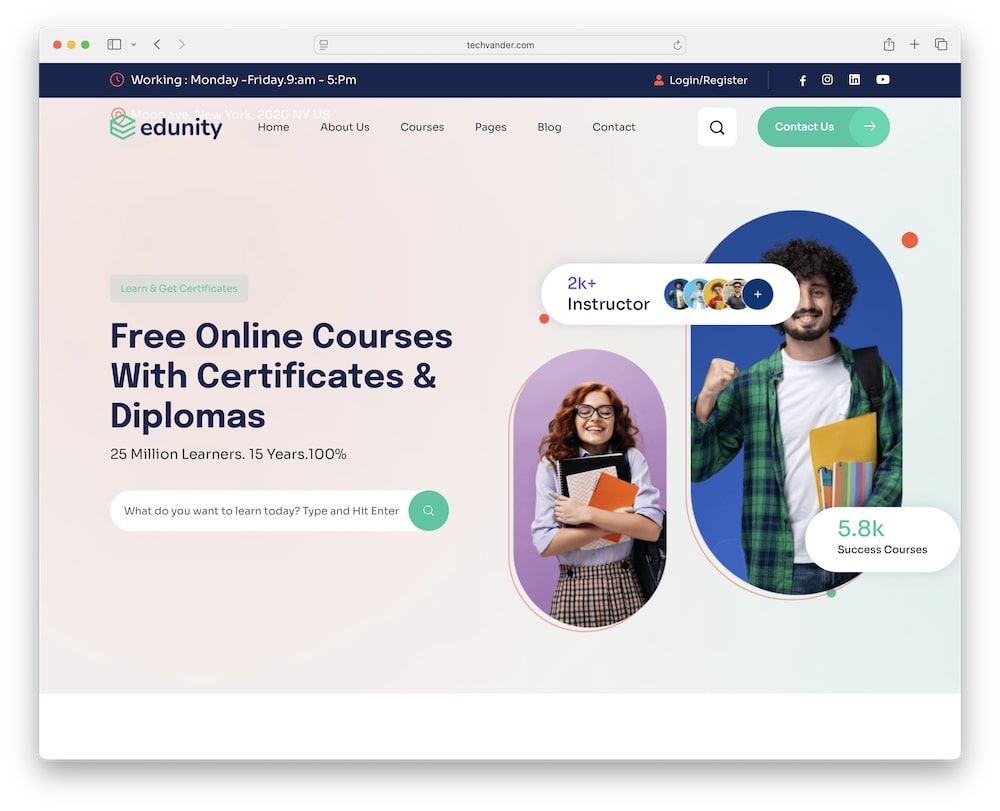 edunity wordpress theme for schools online courses education websites