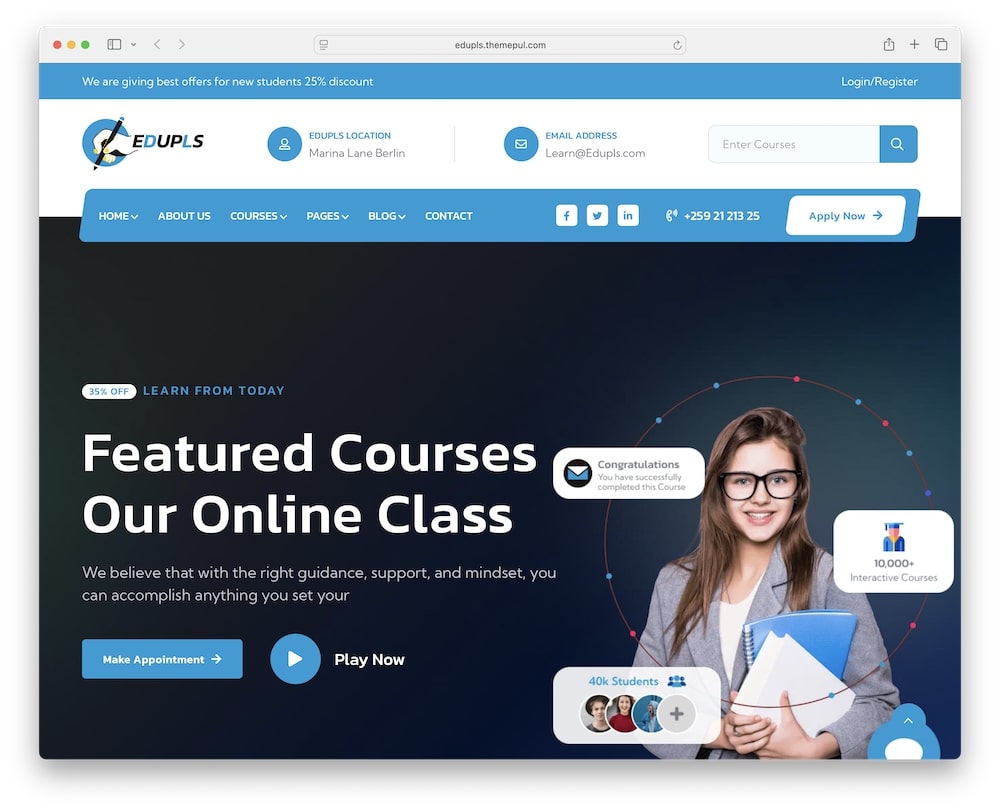 edupls wordpress theme for online education and course websites