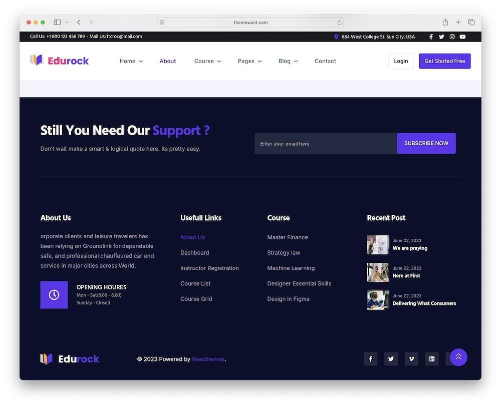 edurock wordpress theme header and footer builder
