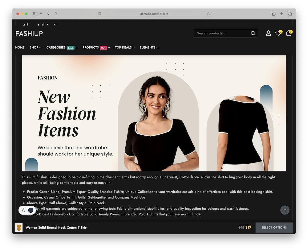 fashiup wordpress theme light dark mode