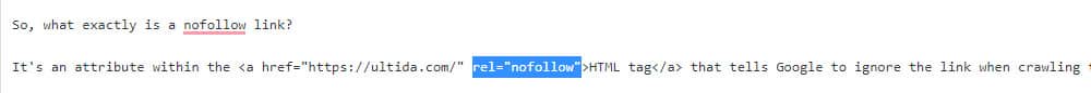 how a nofollow tag in link looks in wordpress html