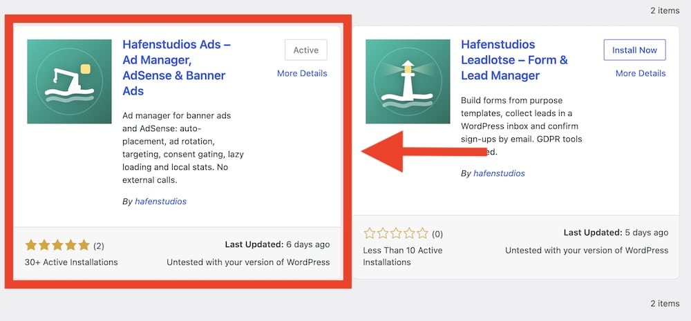 install and activate hafenstudios ads plugin