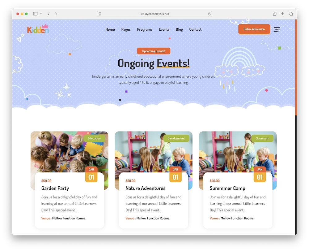 kidden wordpress theme the events calendar plugin support