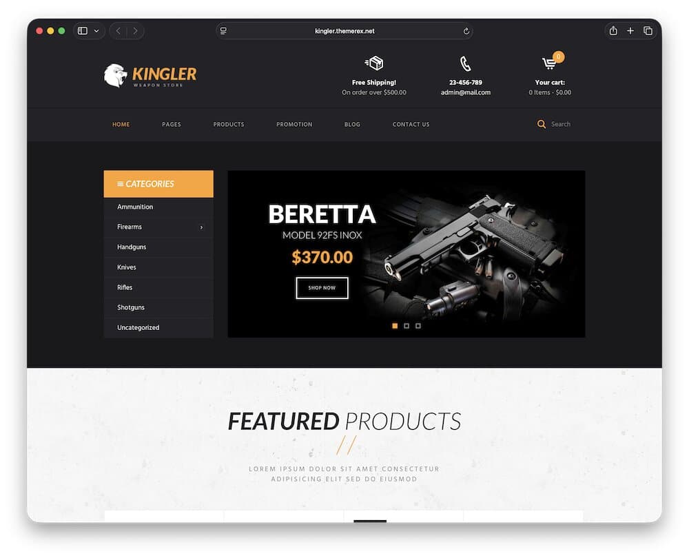kingler gun store wordpress theme