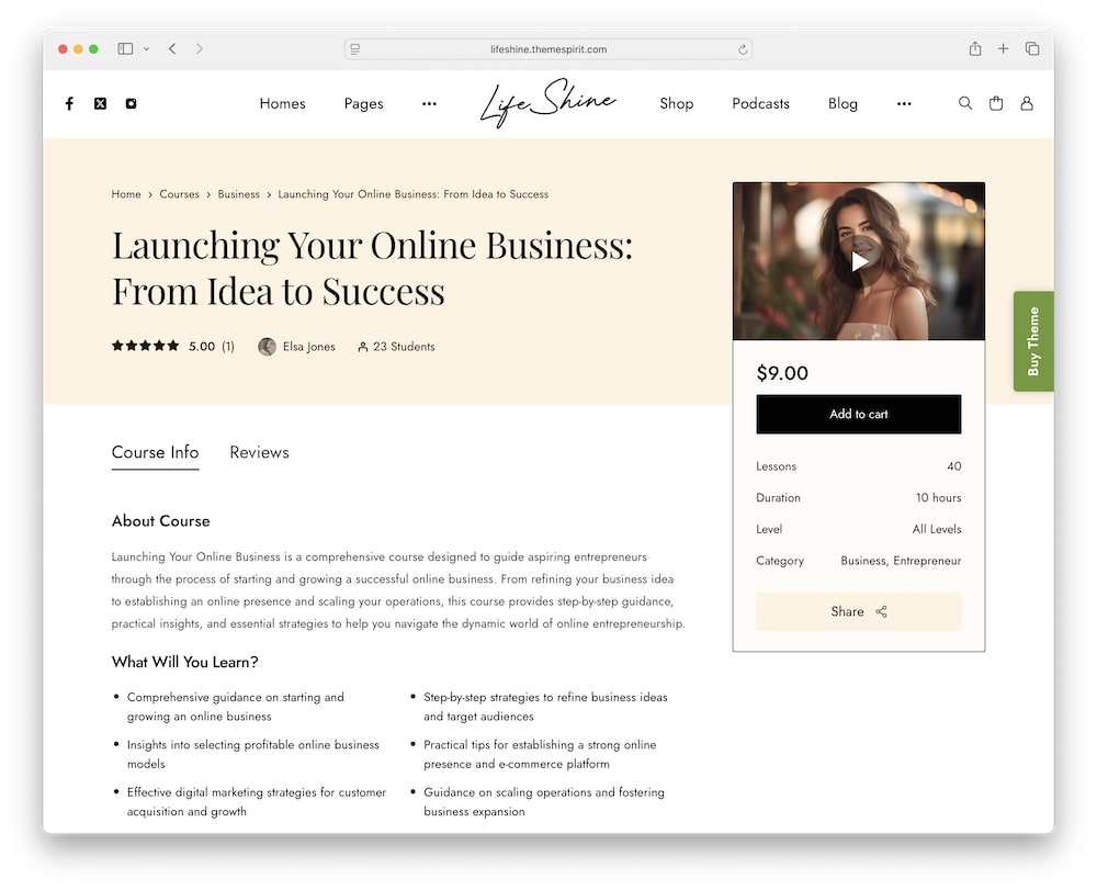 lifeshine wordpress theme integrated lms